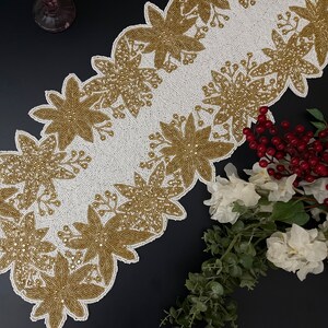 Christmas Handmade Beaded Table Runner, Gold Poinsettia, 13x36 Inch - Etsy