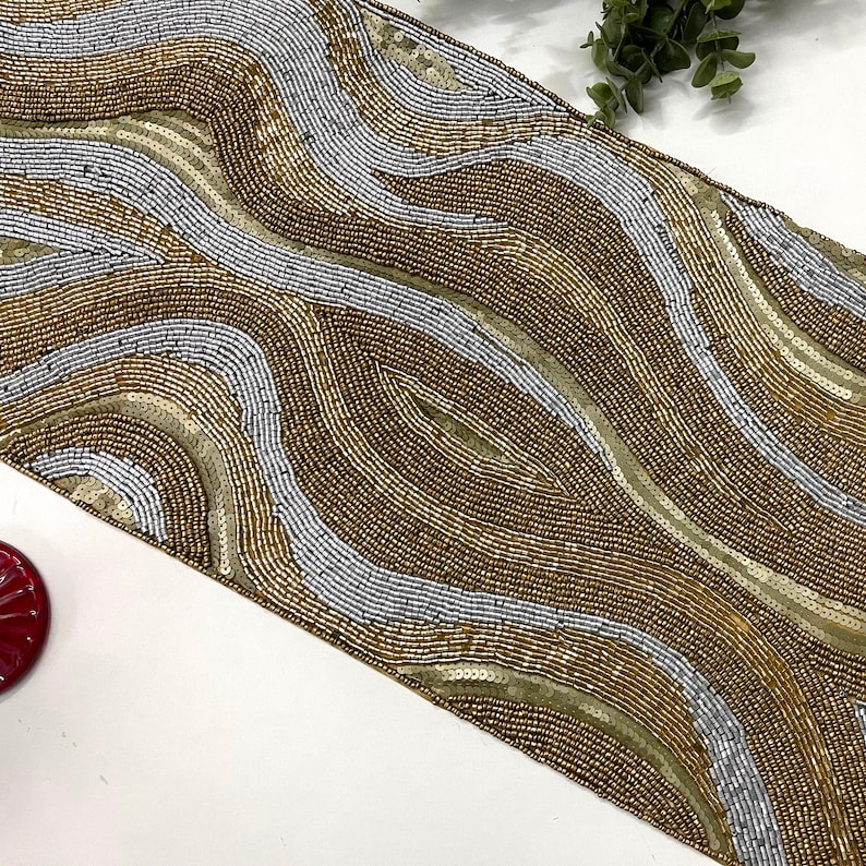 Handmade Bead Table Runner Floral Beaded Runner Silver and Etsy