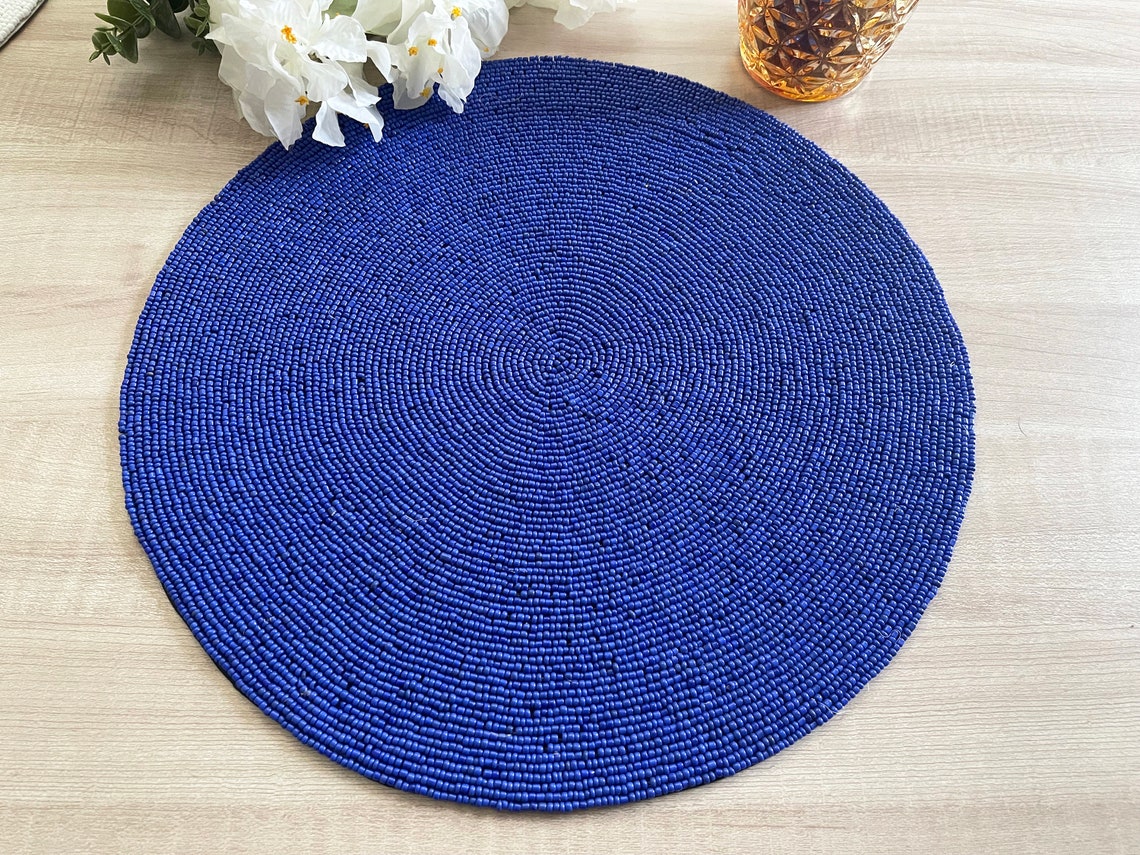 Set of 6 Handmade Beaded Placemat Beaded Table Mat Navy Etsy