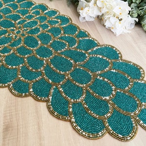 Handmade bead table runner, peacock floral beaded runner / placemat