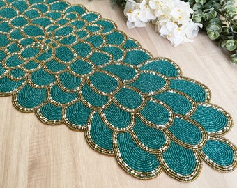 Handmade bead table runner, peacock floral beaded runner / placemat