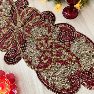 Handmade table runner, beaded table runner, Red Maroon and gold 13x36inch