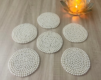 Handmade Pearl White Beaded Coasters: Glam Table Decor, Set of 4/6