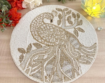 Handmade beaded placemat, Peacock, tablemat, 14 inch, charger plate