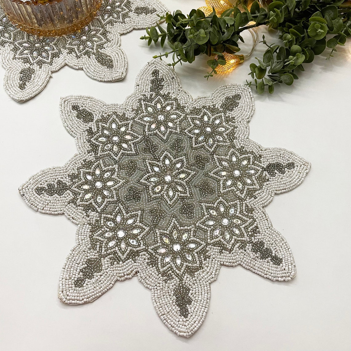 Christmas Snowflakes Placemat Handmade Beaded 13.5inch Etsy