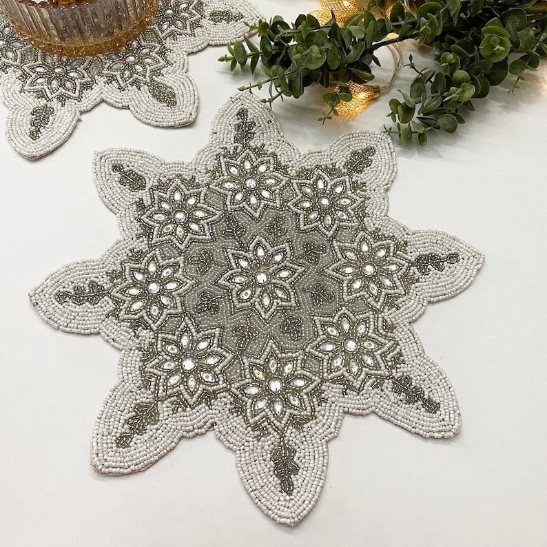 Christmas Snowflakes Placemat Handmade Beaded 13.5inch Etsy