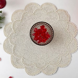XXL 60cm Handmade beaded placemat, round runner, table decoration, beaded tablemat, light pearl colour