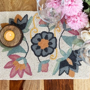 Handmade beaded placemat, beaded tablemat, floral pattern