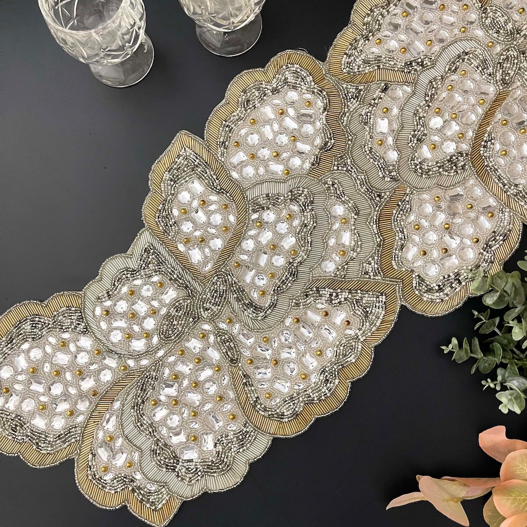 Handmade Bead Table Runner, Beaded Runner, Butterfly, Silver and Gold