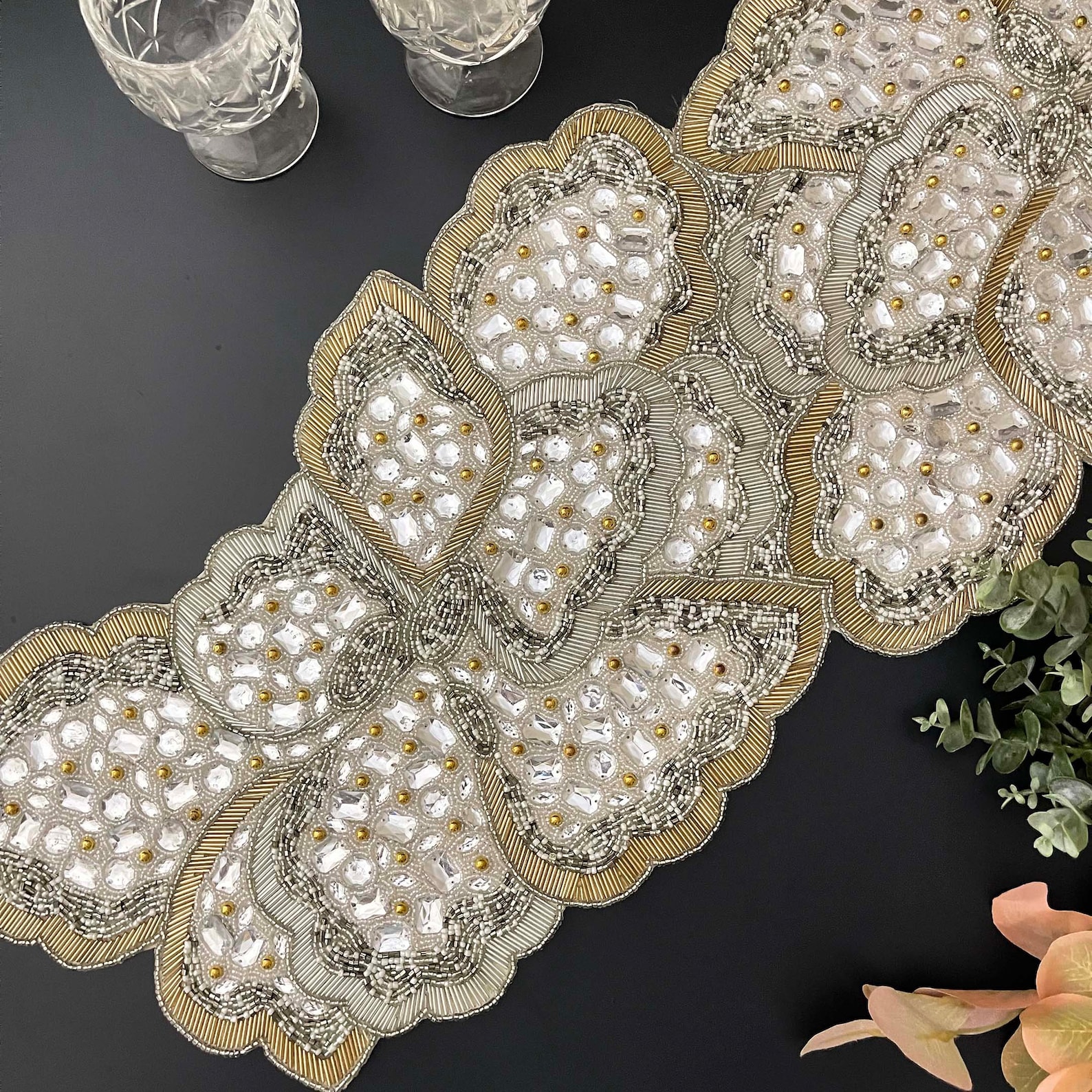Handmade Bead Table Runner, Beaded Runner, Butterfly, Silver and Gold ...