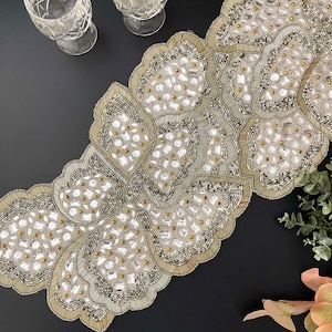 Handmade bead table runner, beaded runner, butterfly, Silver and Gold, 13x36inch