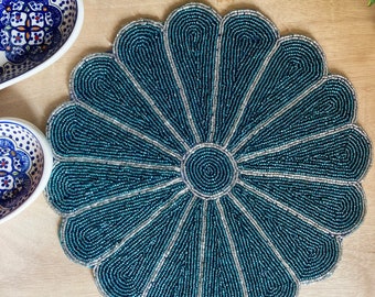 Handmade Beaded Placemat Set: Teal Floral Table Decor (13 inch)