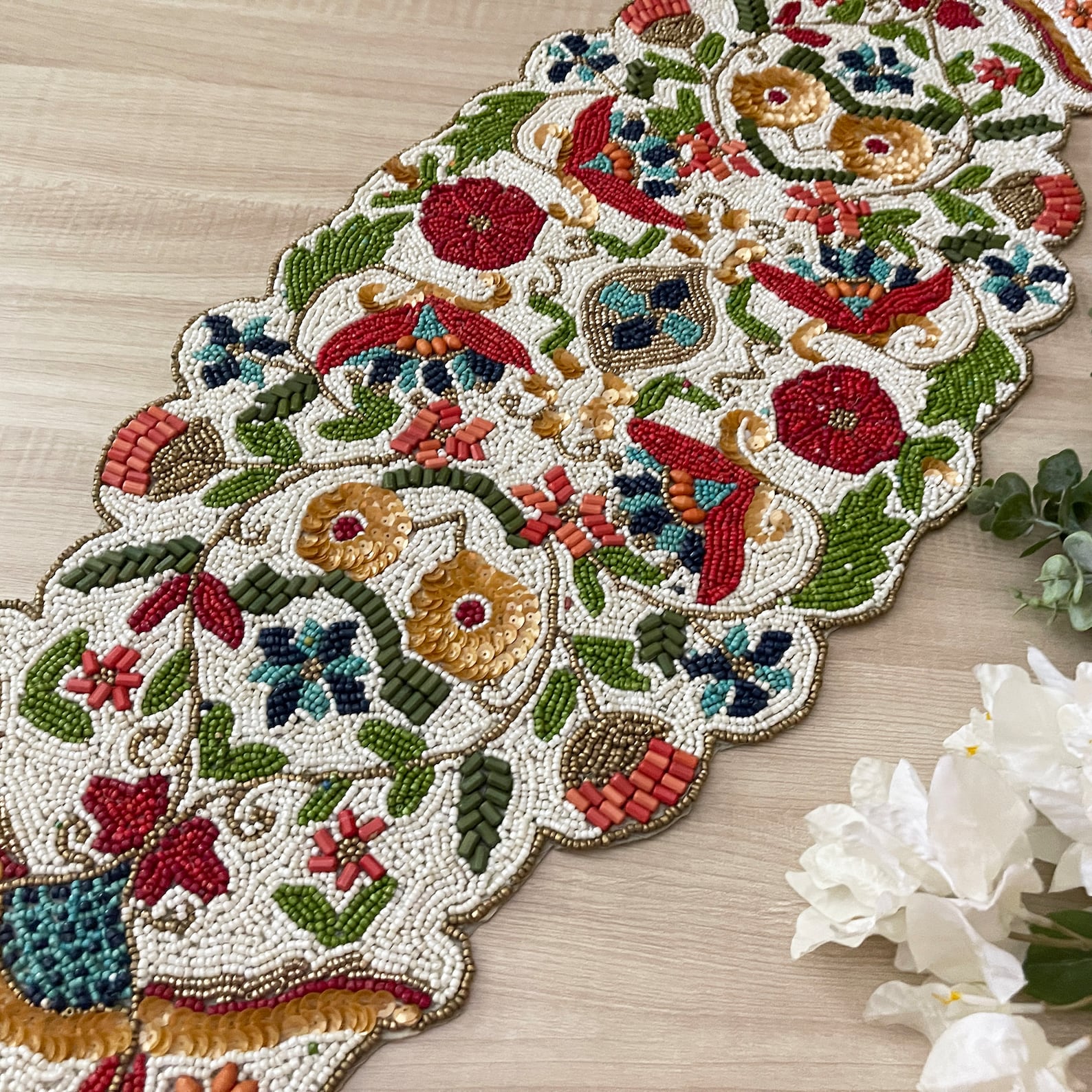 Handmade Beaded Floral Table Runner: Multicolour Spring Design (13x36 ...