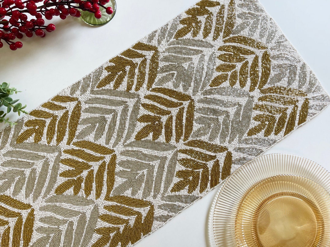 Handmade Table Runner, Gold and Silver on White, Hand Beaded Runner