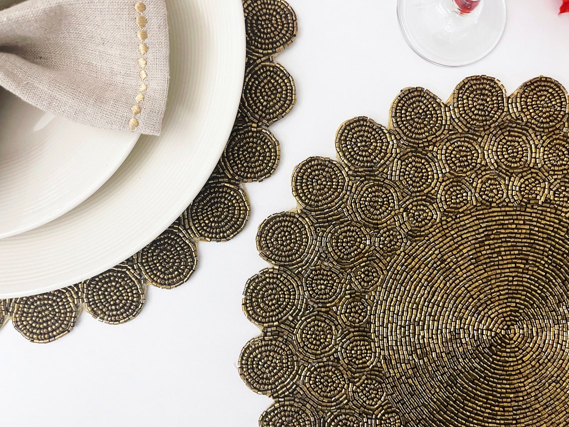 Handmade bead placemat charger plate dining table mat gold Etsy