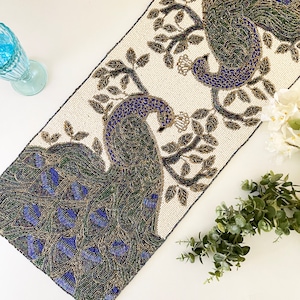 Handmade bead table runner, peacock design, blue and light cream, 13x36 inch