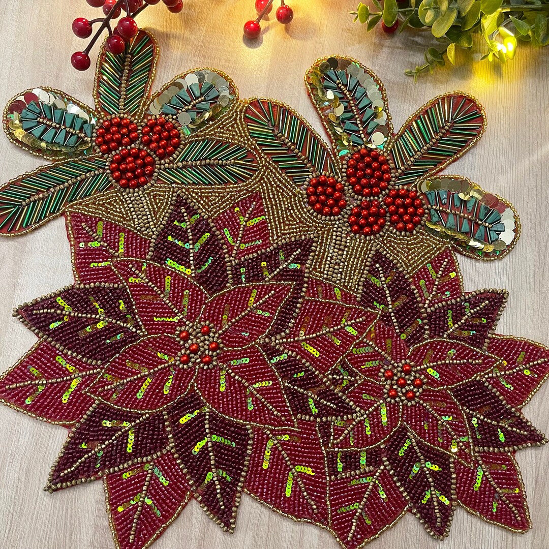 Christmas Poinsettia Placemat, Set of 2, Handmade Beaded Table Mat, Gift for Her Etsy