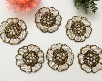 Coasters set of 4/6, drink coasters, white gold beaded coasters, gift for her, housewarming gift