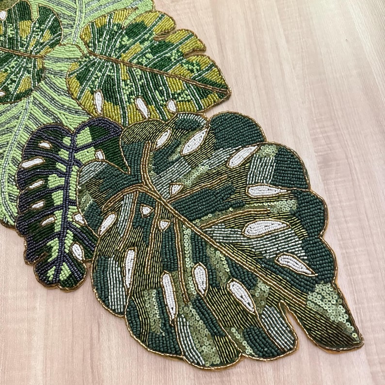Handmade Beaded Table Runner: Floral Leaf Design (13x36 Inch) - Etsy