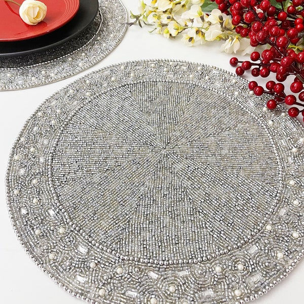 Luxury Handmade bead placemat, living room table decoration, beaded tablemat, silver