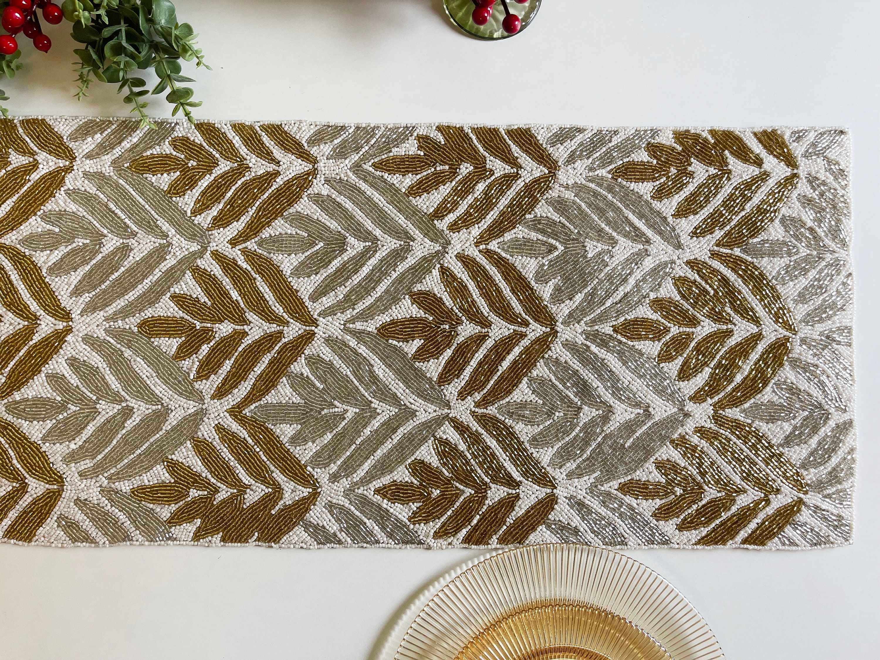 Handmade Table Runner, Gold and Silver on White, Hand Beaded Runner ...