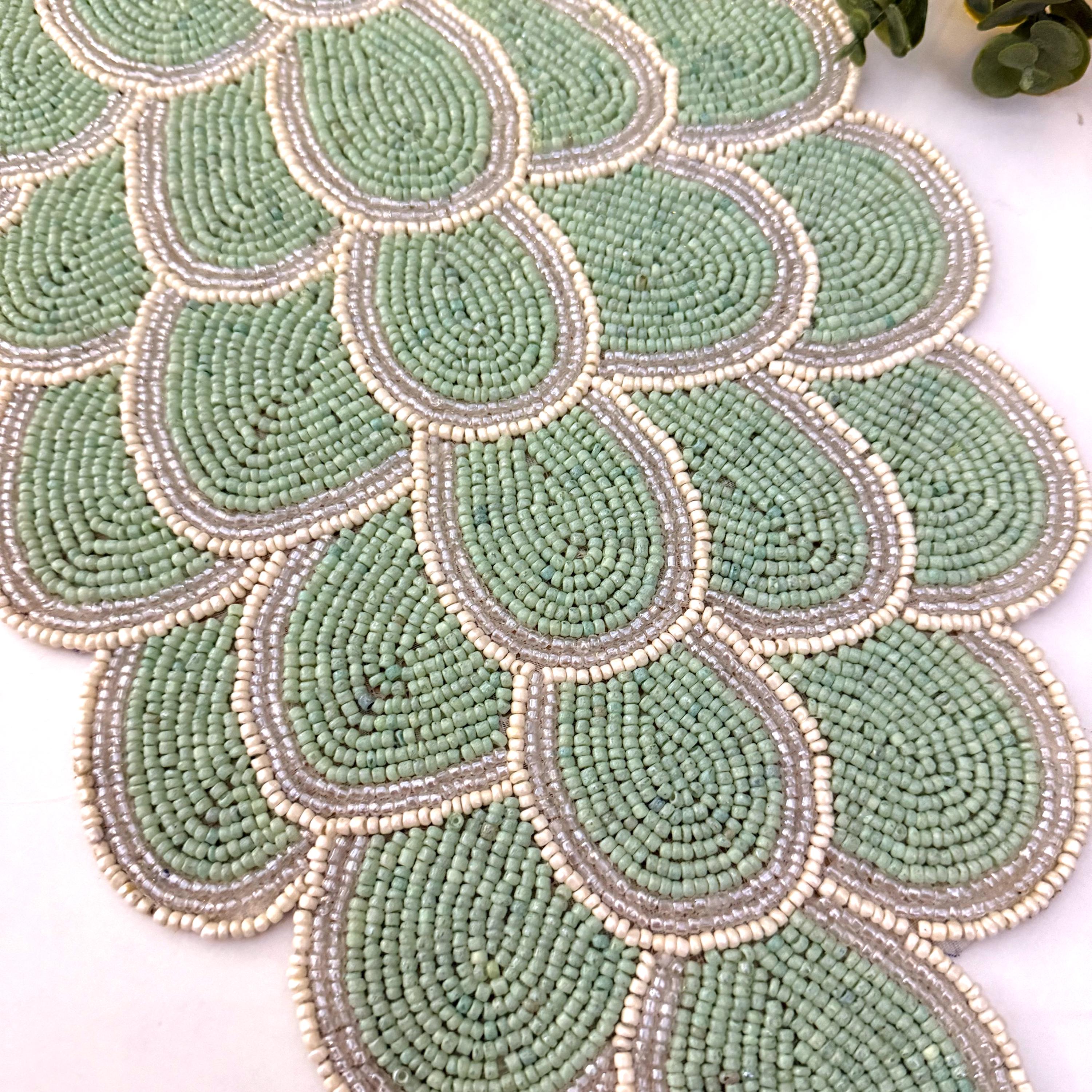Handmade Bead Table Runner, Floral Beaded Runner, Sage Green, 13x36inch ...