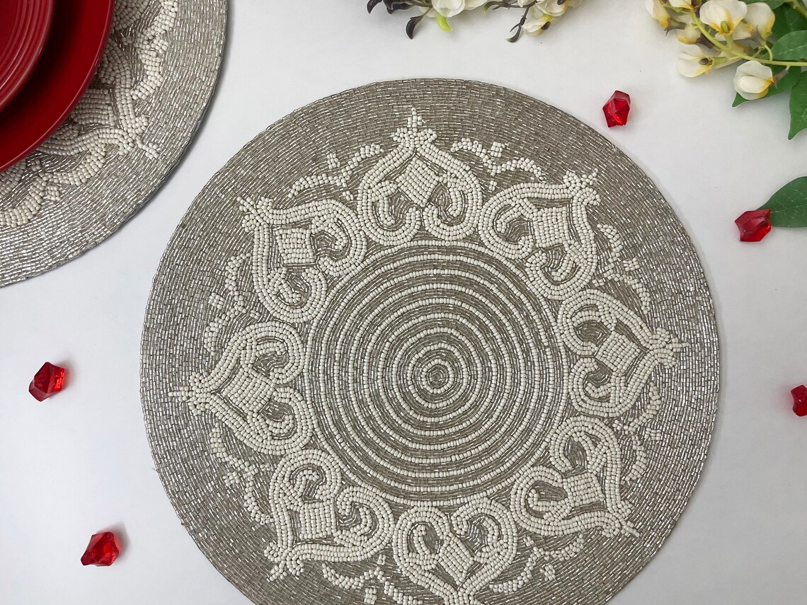 Luxury Beaded Placemat, Tablemat, 14 Inch, White Gold Charger, Spring ...