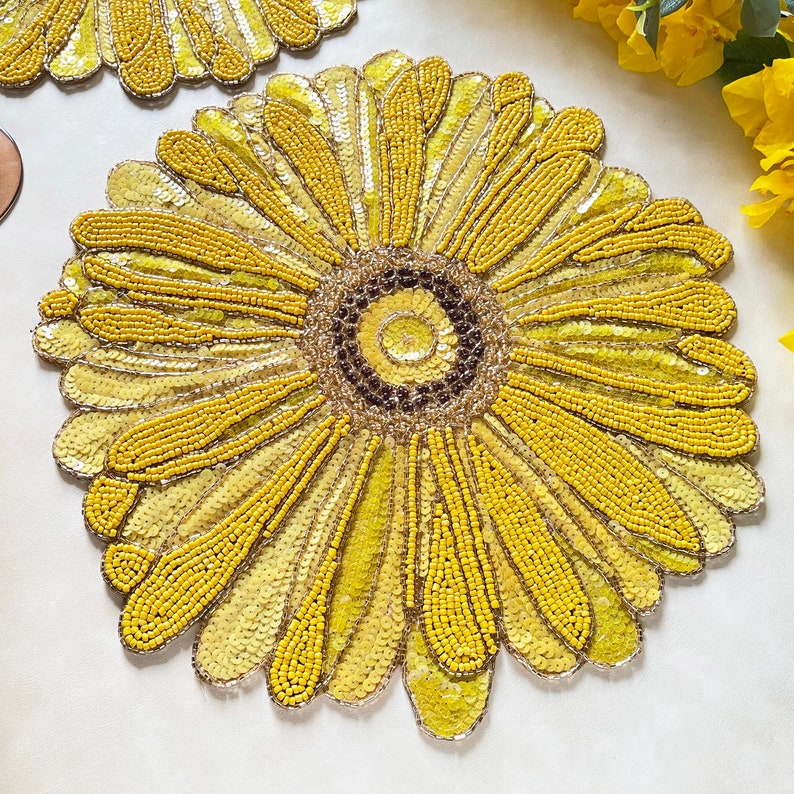 Handmade Beaded Placemat Floral Yellow Tablemat 14 Inch Etsy