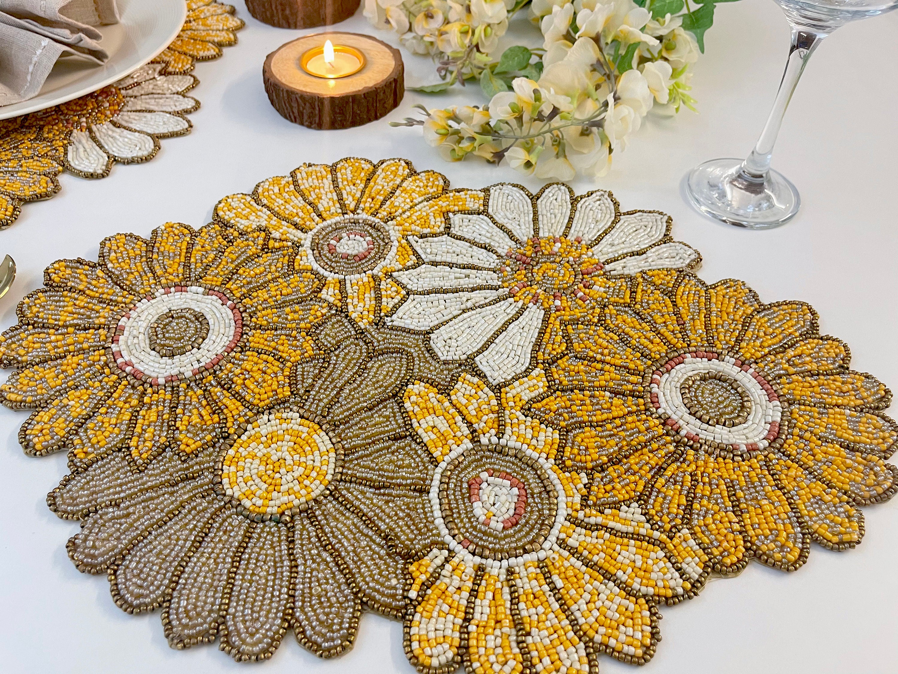 Handmade beaded placemat table mats 14 inch sunflower Etsy
