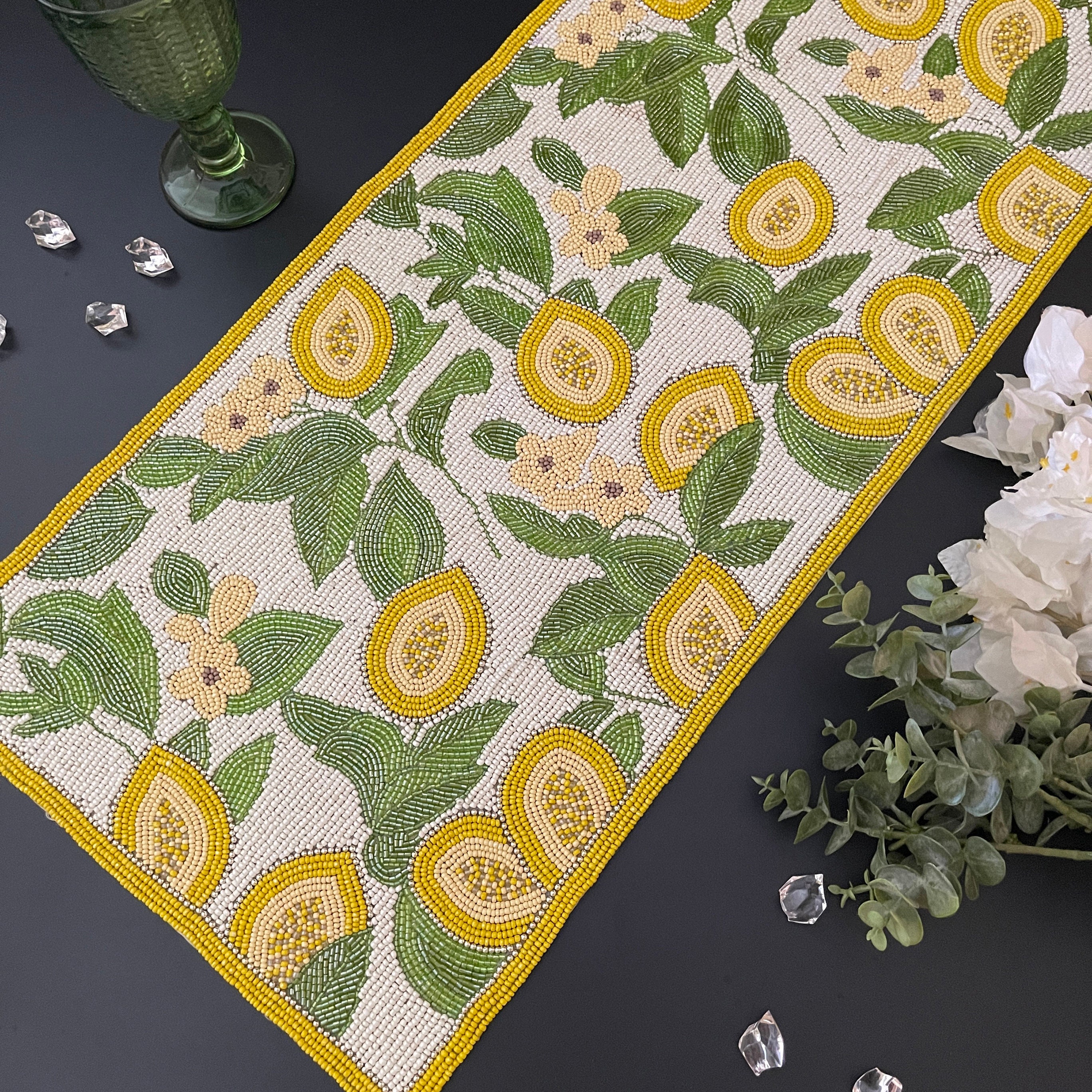 table runner 亀甲取り花丸　帯リメイク　長尺250㎝ Handmade Table Runner, Lemon and Leaves Beaded Runner Floral