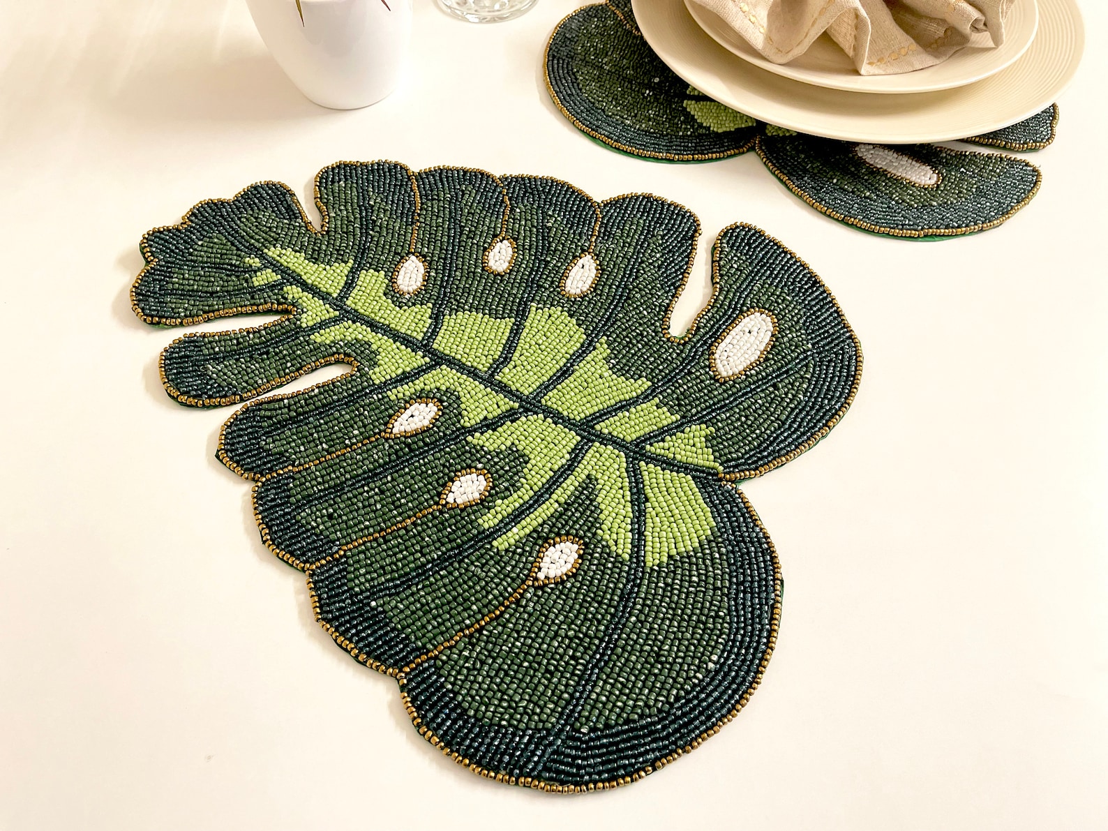 Handmade Beaded Placemat Leaf Tablemat 14 Inch Green Bead Etsy