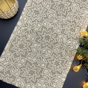 Handmade beaded Christmas table runner, white silver, 13x36inch