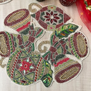 Handmade Beaded Christmas Bell Placemat: Holiday Table Decor