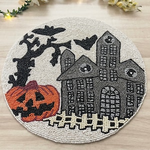 Halloween handmade beaded placemat, tablemat, Jack-o-Lantern and Genome