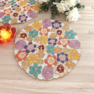 Set of 2/6, Handmade spring beaded placemat, floral multicolour