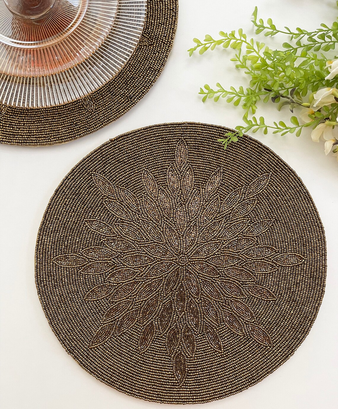 Handmade Beaded Placemat Tablemat 14 Inch Antique Gold Etsy