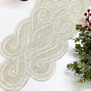 Handmade beaded table runner, pearl white, table runner 13x36inch