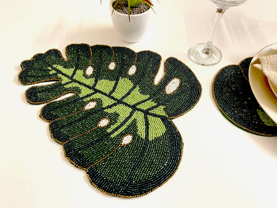 Handmade beaded placemat leaf tablemat 14 inch green bead Etsy