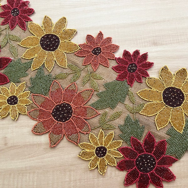 Farmhouse floral spring beaded table runner, handmade, burlap and bead runner, 13x36inch