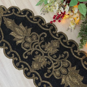 Handmade Black and Gold Beaded Table Runner (13x36 inch)