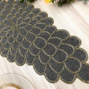 Handmade bead table runner, peacock floral beaded runner, Ash grey and gold