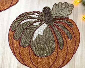 Set of 2, handmade beaded placemat, pumpkin harvest table mat, bead charger 