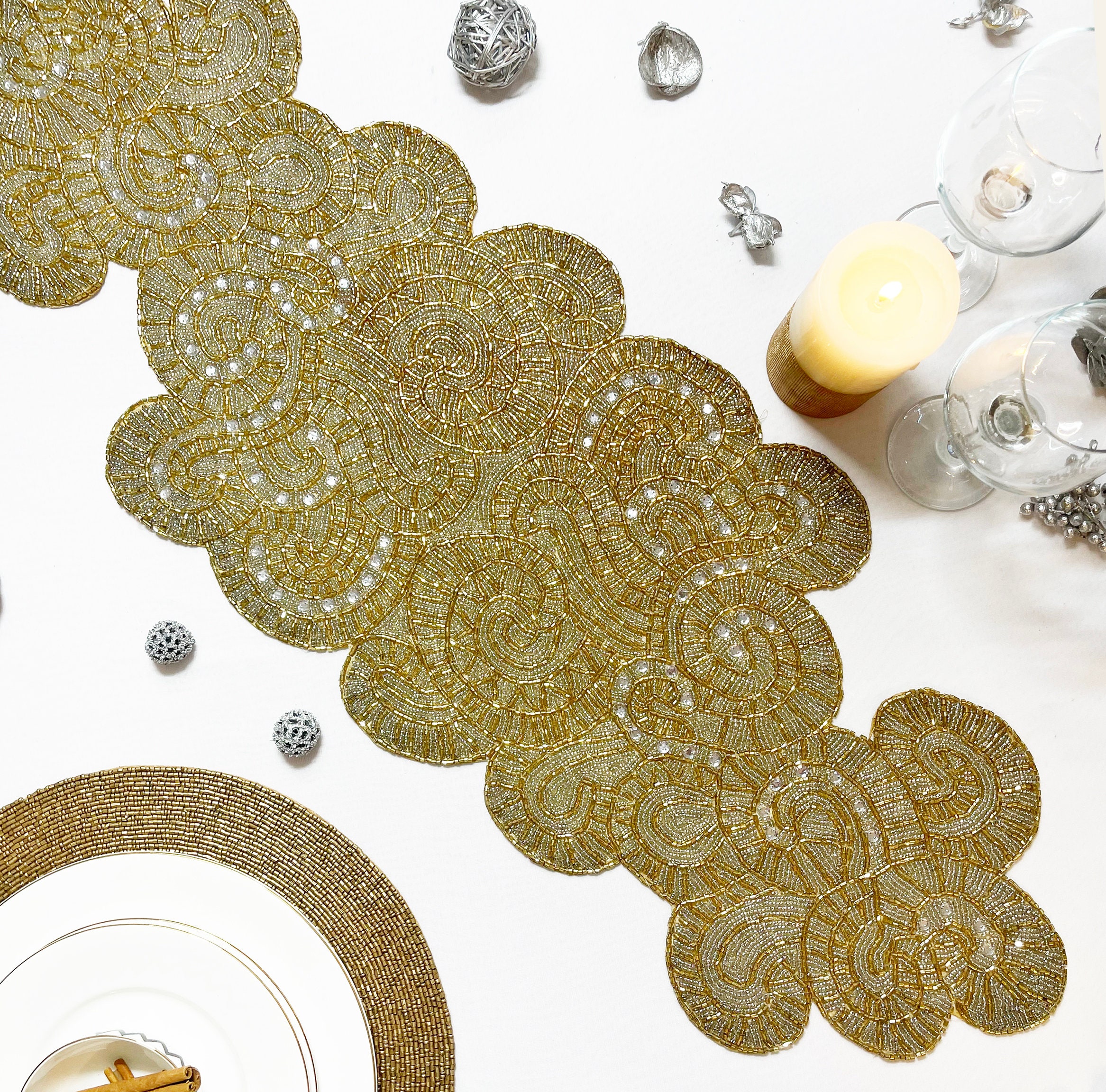 Handmade table runner beaded table runner gold white runner Etsy