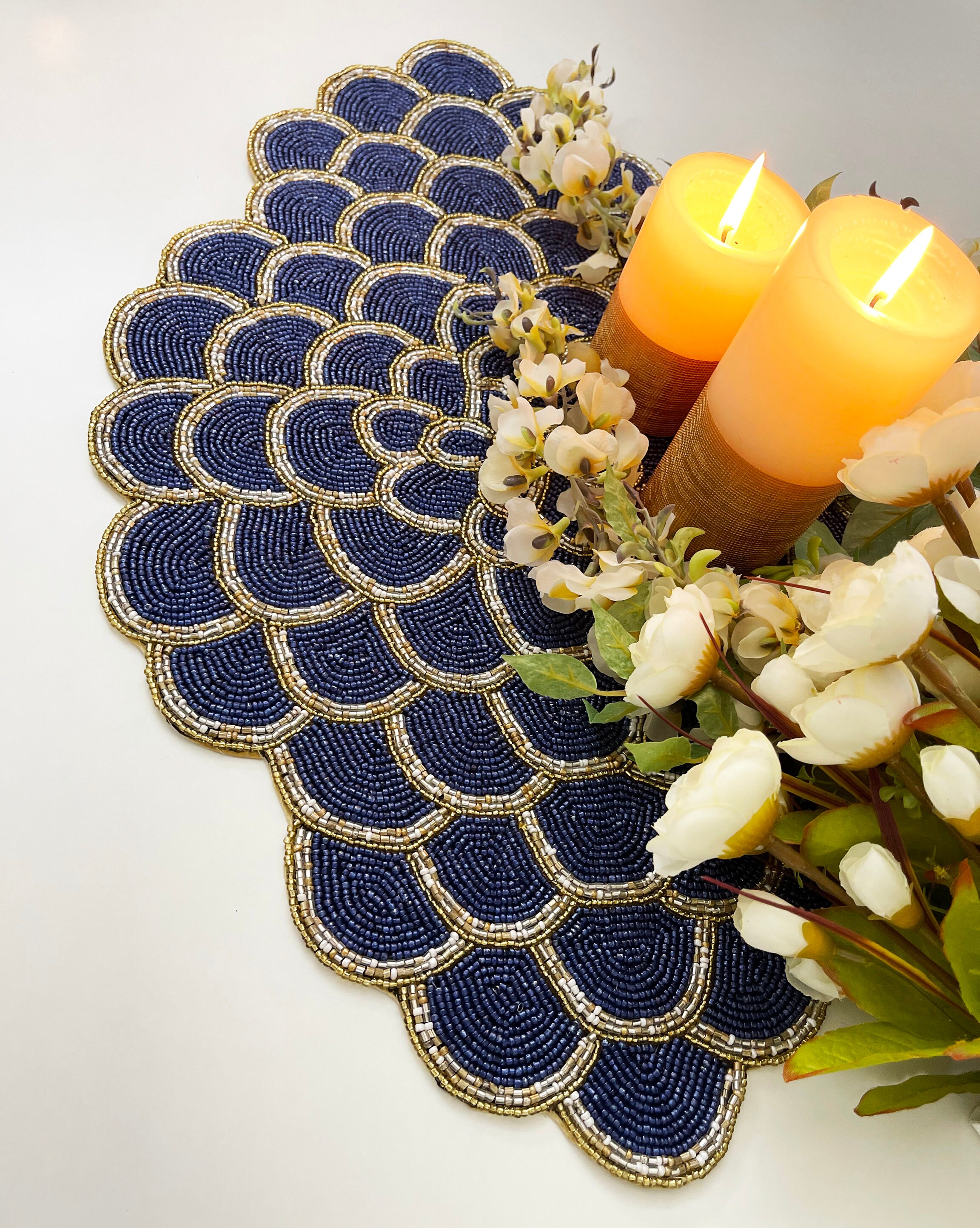 Handmade XL placemat beaded table runner oval Navy blue Etsy