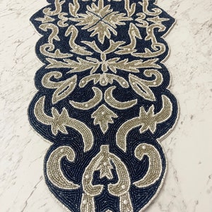 Handmade Bead Table Runner, Floral Beaded Navy Blue Silver Runner ...