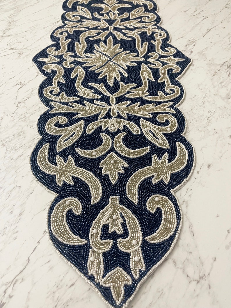 Handmade Bead Table Runner Floral Beaded Navy Blue Silver Etsy