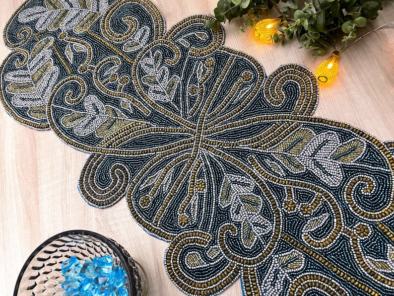 Handmade Beaded Table Runner: Turquoise, Gold, 13x36 Inch - Etsy
