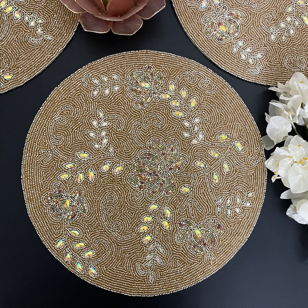 Handmade Placemat, Beaded Round Table Placemat, Gold Beads, 14 Inch Etsy