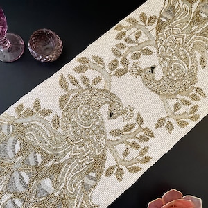 Handmade bead table runner, peacock design, light cream and gold, 13x36 inch