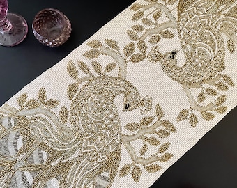 Handmade bead table runner, peacock design, light cream and gold, 13x36 inch